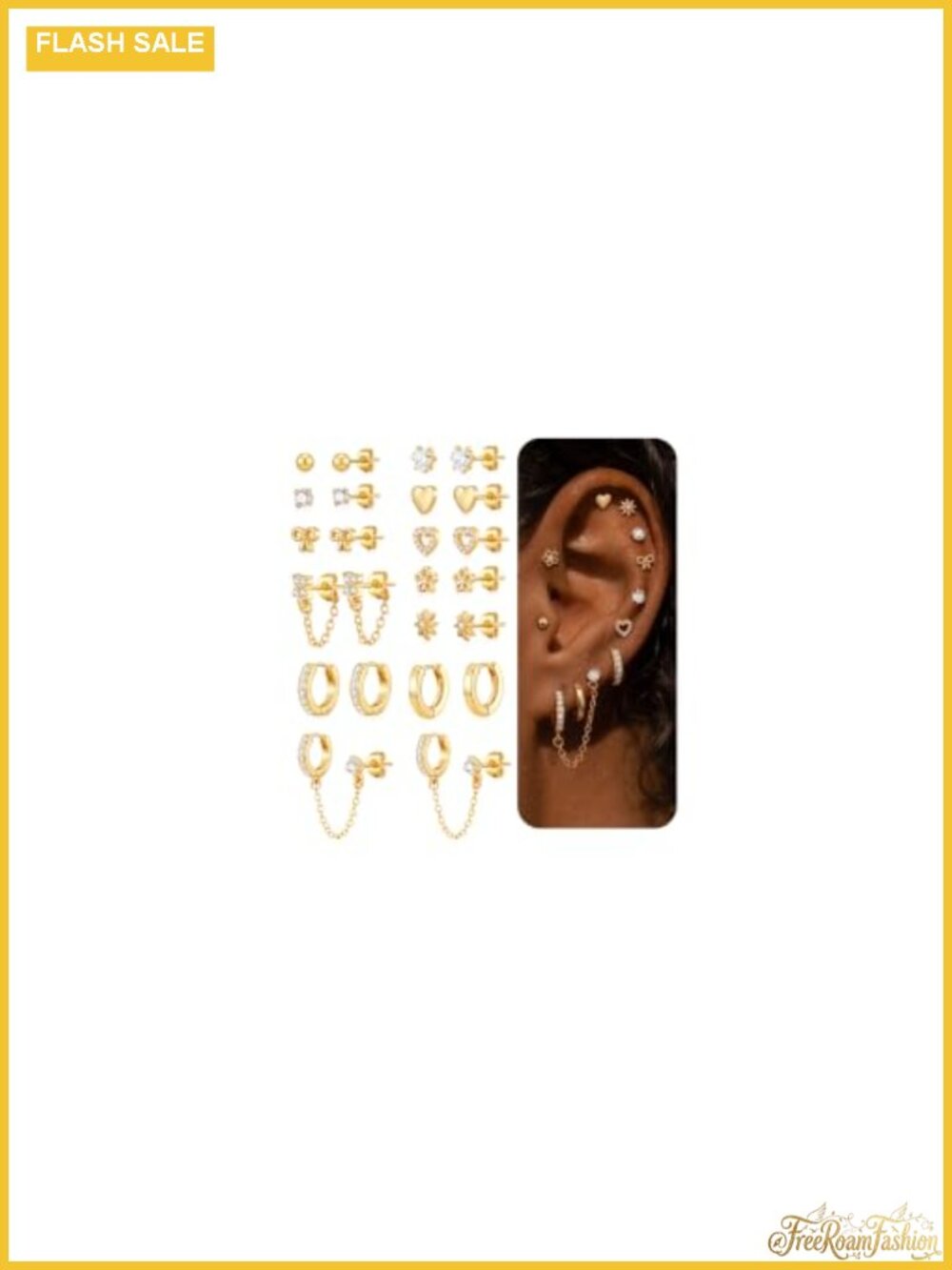12-Piece Hypoallergenic Stud Earrings Set 14K Gold Plated Stainless Steel CZ